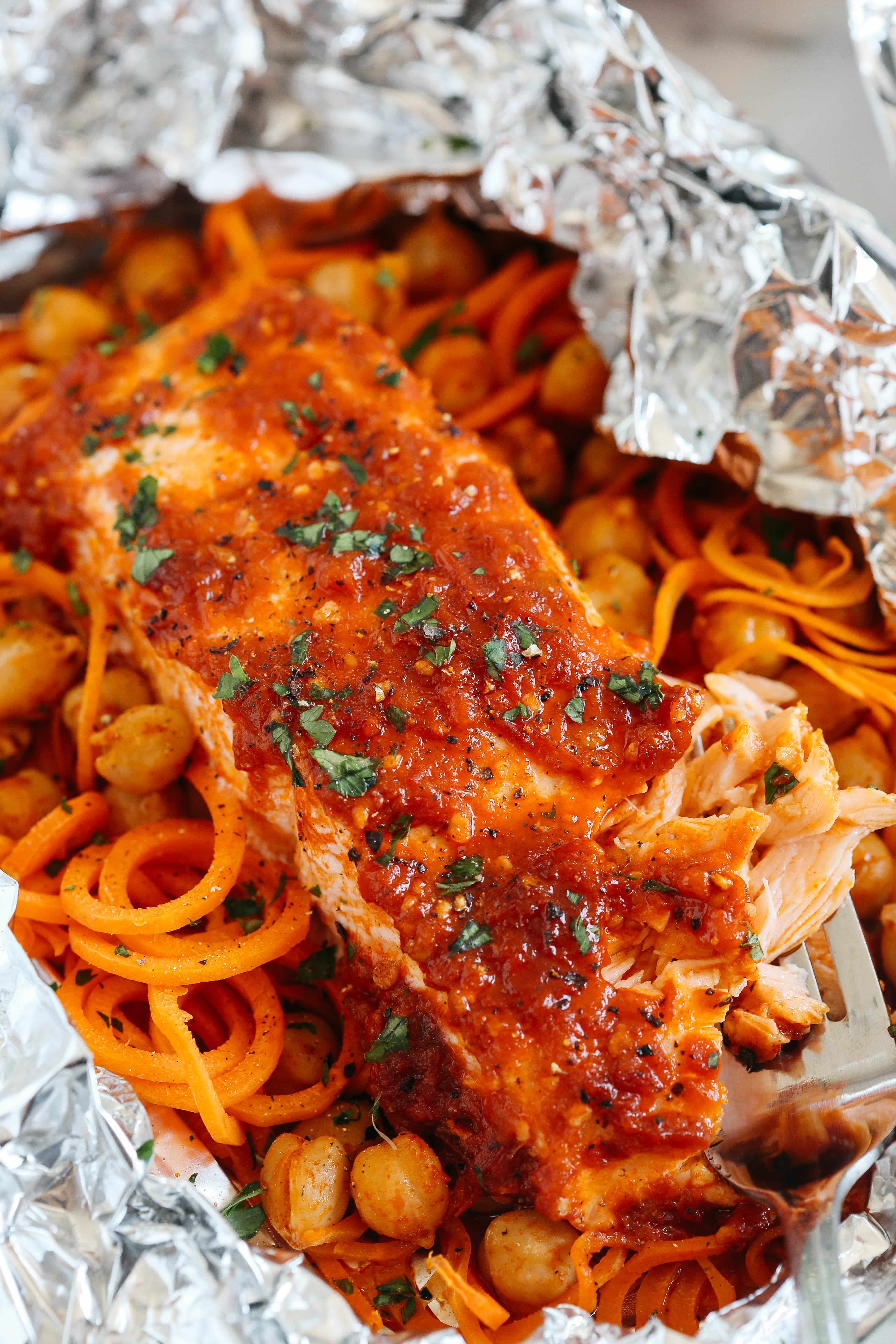 Moroccan Salmon Foil Packets with Carrot Noodles & Chickpeas