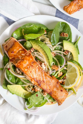 Asian Salmon Salad with Spiralized Pear and Avocado