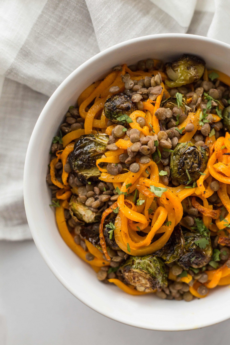 Balsamic Roasted Brussels Sprouts and Spiralized Butternut Squash with Lentils and Smashed Walnut Vinaigrette