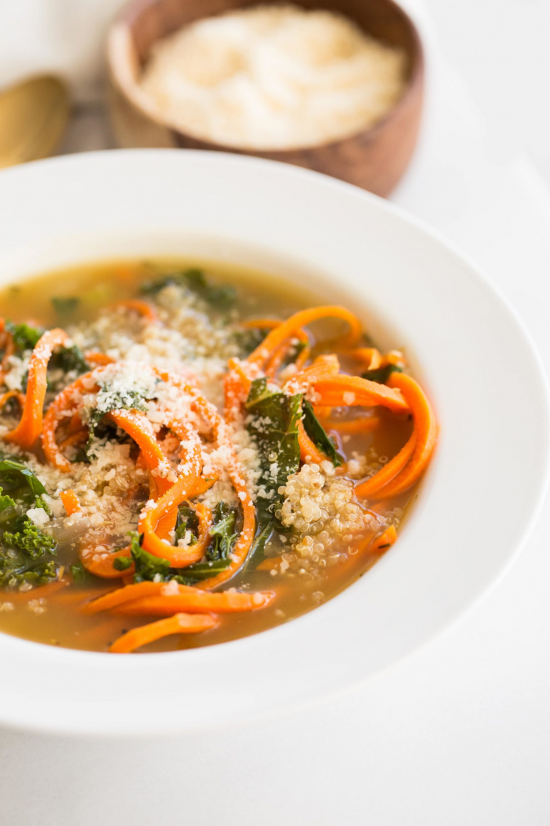Quinoa, Kale and Carrot Noodle Soup with Parmesan