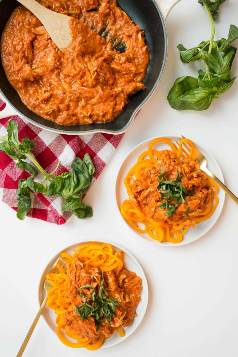 Butternut Squash Noodles with Creamy Tomato and Chicken Sauce