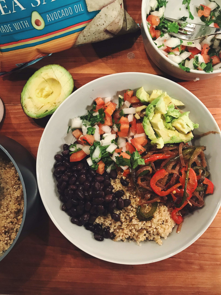 Vegan Burrito Bowls with Spiralized Peppers and Onions