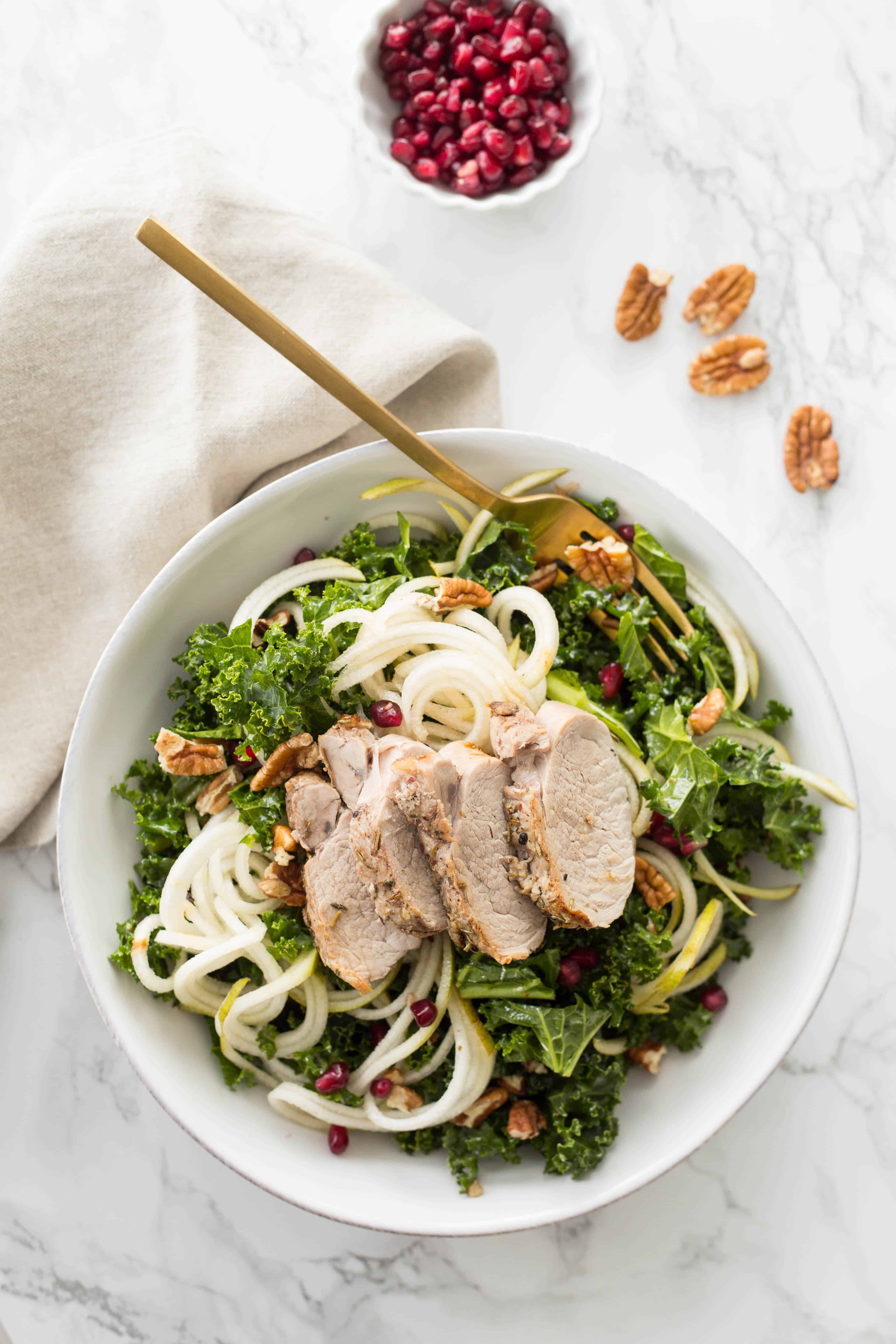 Pear Noodle, Pomegranate and Kale Salad with Roasted Pork Tenderloin