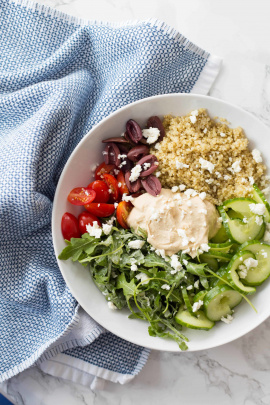 Mediterranean Quinoa and Hummus Bowls with Spiralized Cucumbers
