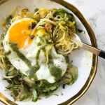 Parsnip Noodles and Brussels Sprouts with Fried Egg and Fresh Herb Tahini