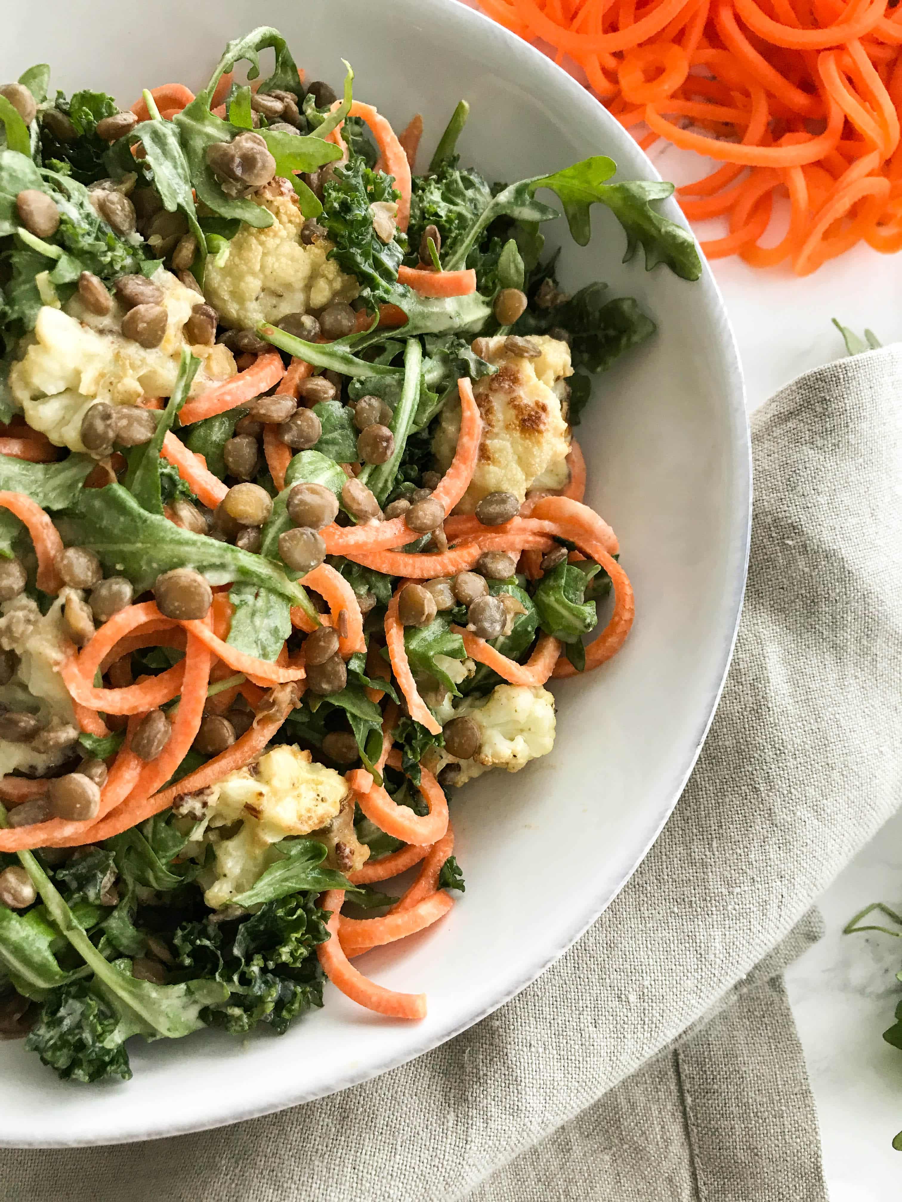 Roasted Cauliflower and Carrot Noodle Salad with Lentils