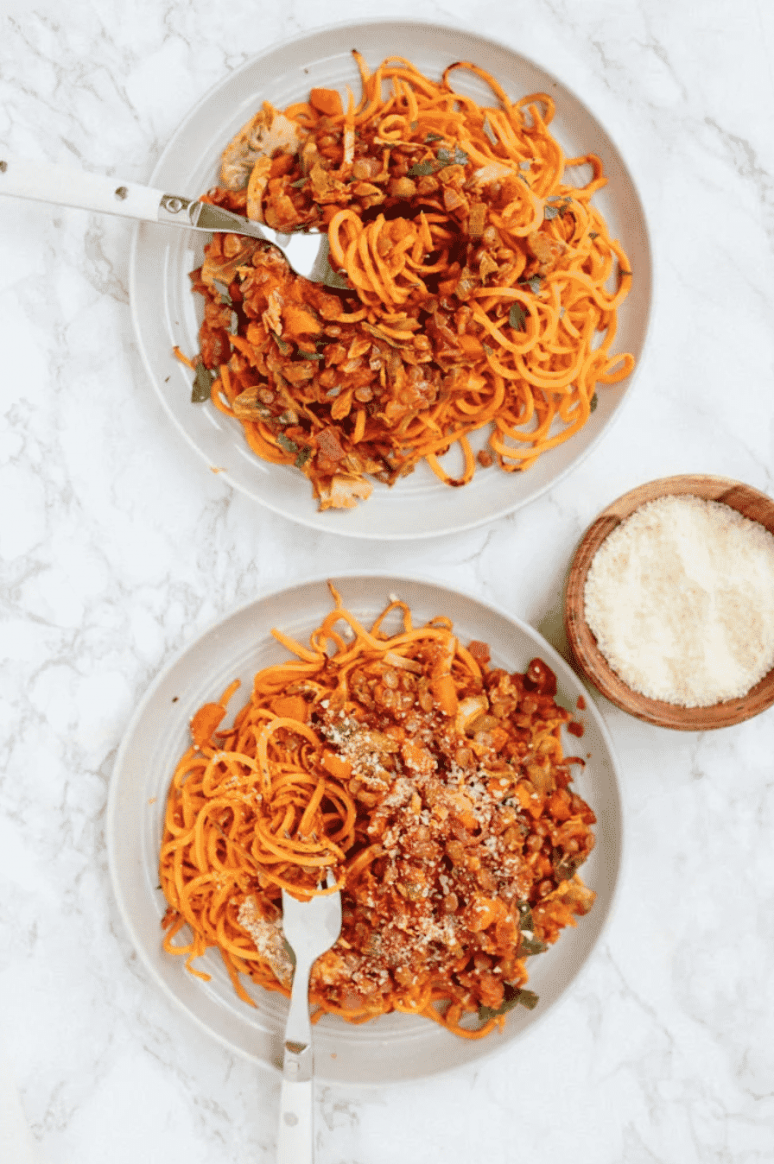 SWEET POTATO NOODLES WITH BRUSSELS SPROUTS AND LENTIL RAGU