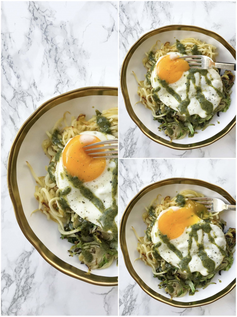 Parsnip Noodles and Brussels Sprouts with Fried Egg and Fresh Herb Tahini