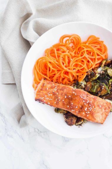 Sesame-Hoisin Salmon with Brussels Sprouts and Carrot Noodles