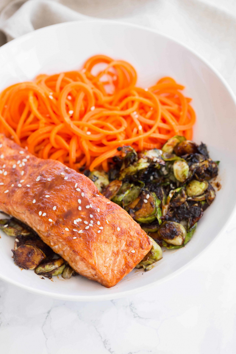 Sesame-Hoisin Salmon with Brussels Sprouts and Carrot Noodles