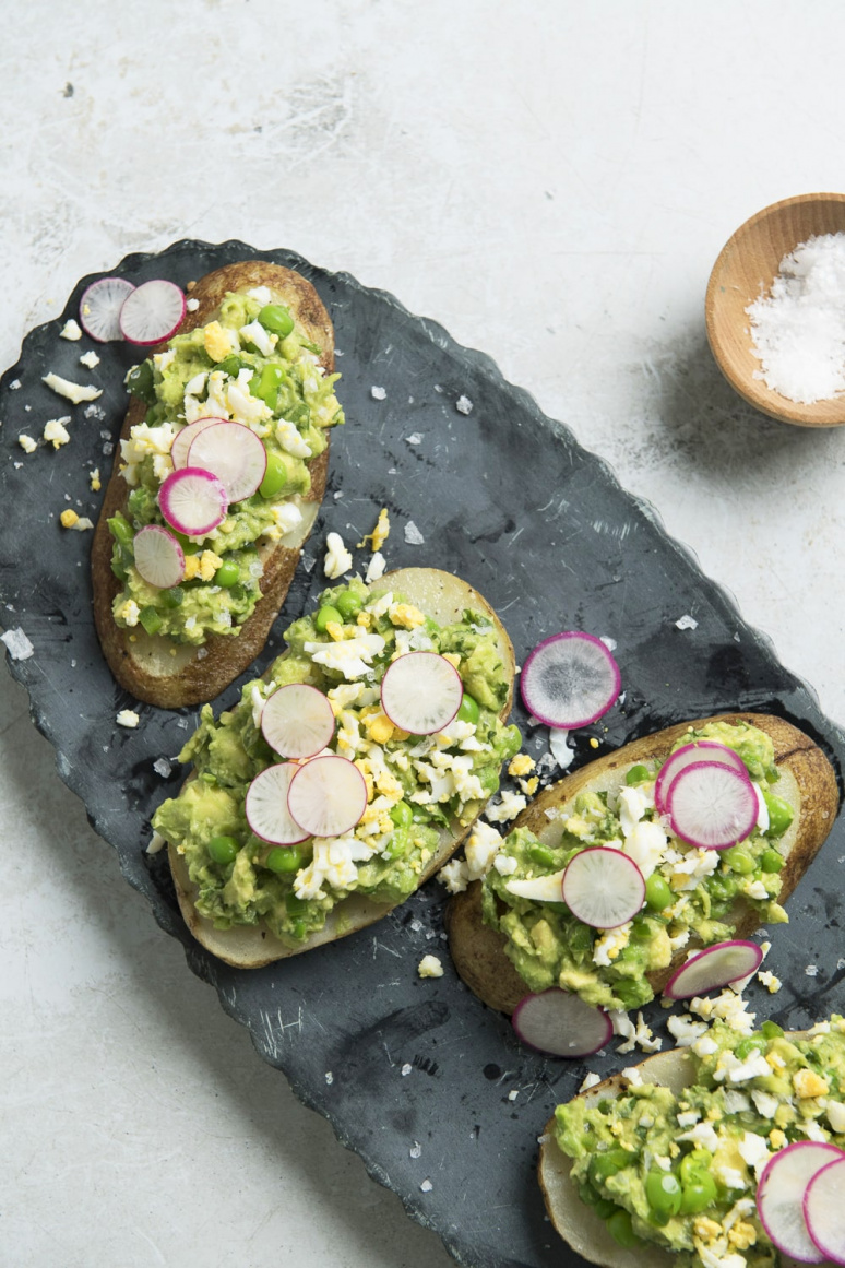Potato Toasts with Green-Pea Avocado Mash and Shaved Egg