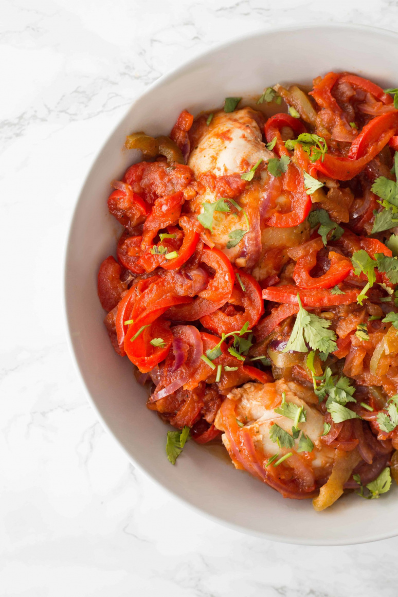 Pressure Cooker Salsa Chicken Thighs with Spiralized Peppers and Onions
