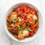 Pressure Cooker Salsa Chicken Thighs with Spiralized Peppers and Onions