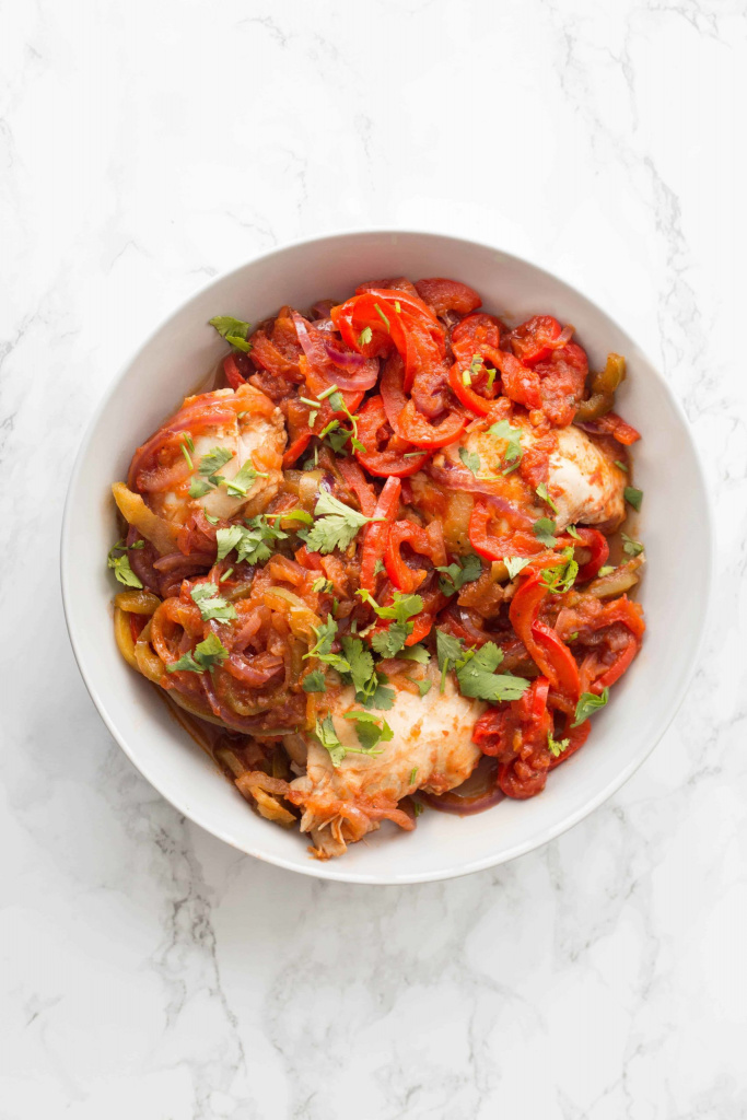 Pressure Cooker Salsa Chicken Thighs with Spiralized Peppers and Onions - Inspiralized