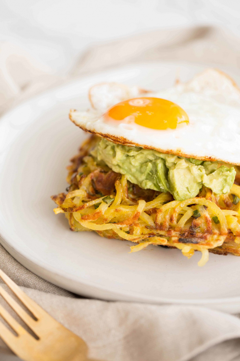 Spiralized Potato Chive Waffles with Avocado Mash and Fried Egg