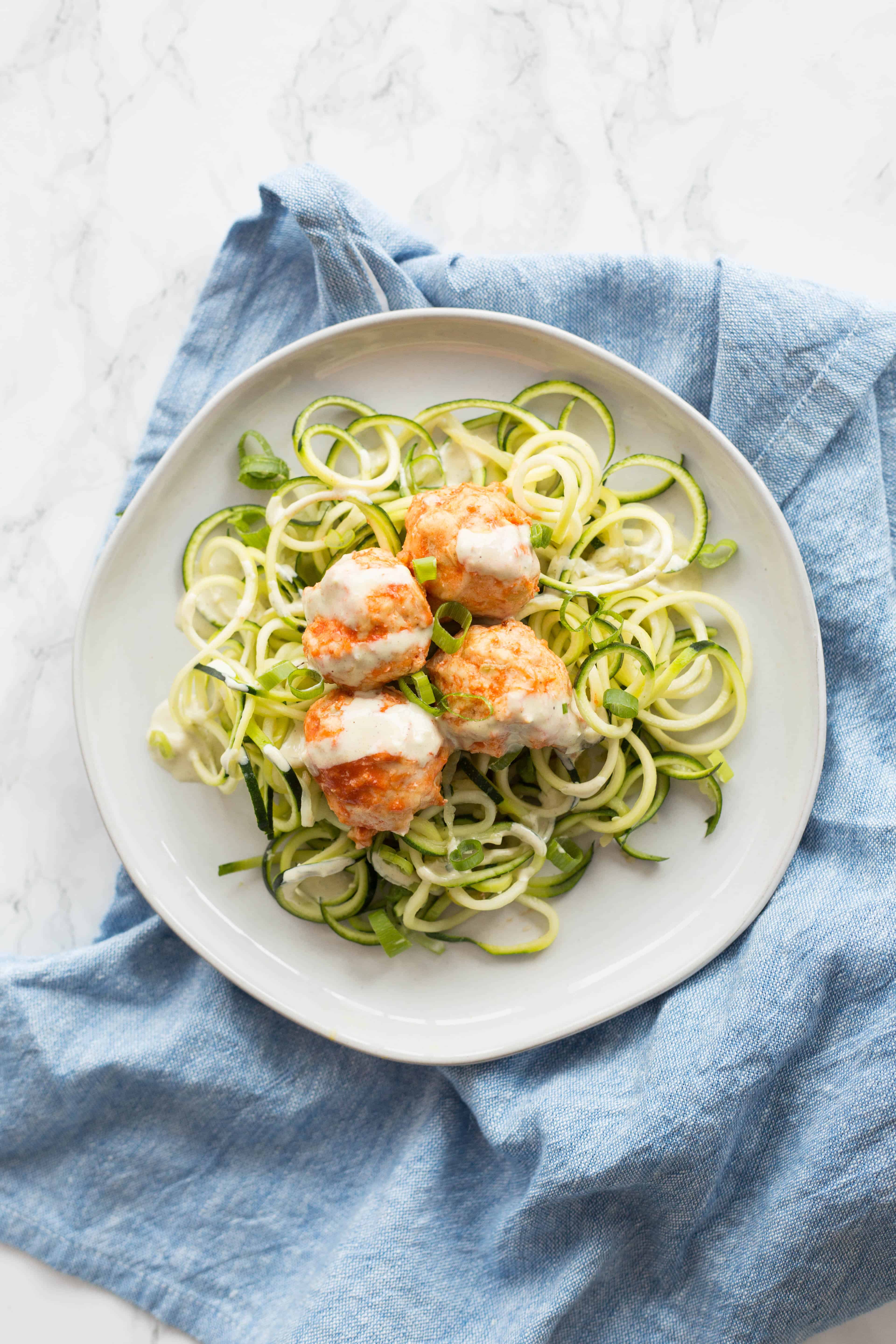 Buffalo Chicken Meatballs with Zucchini Noodles and Avocado Ranch Dressing