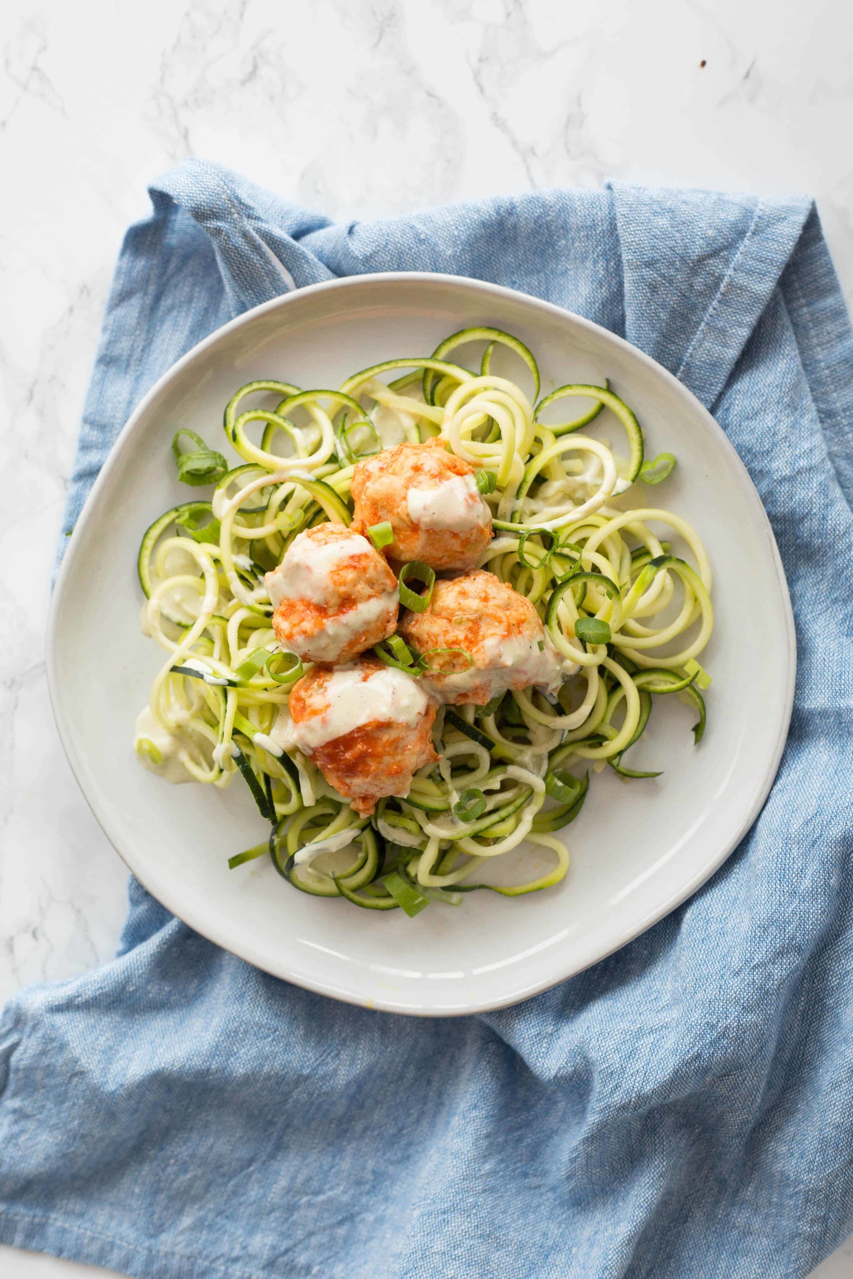 Buffalo Chicken Meatballs with Zucchini Noodles and Avocado Ranch Dressing