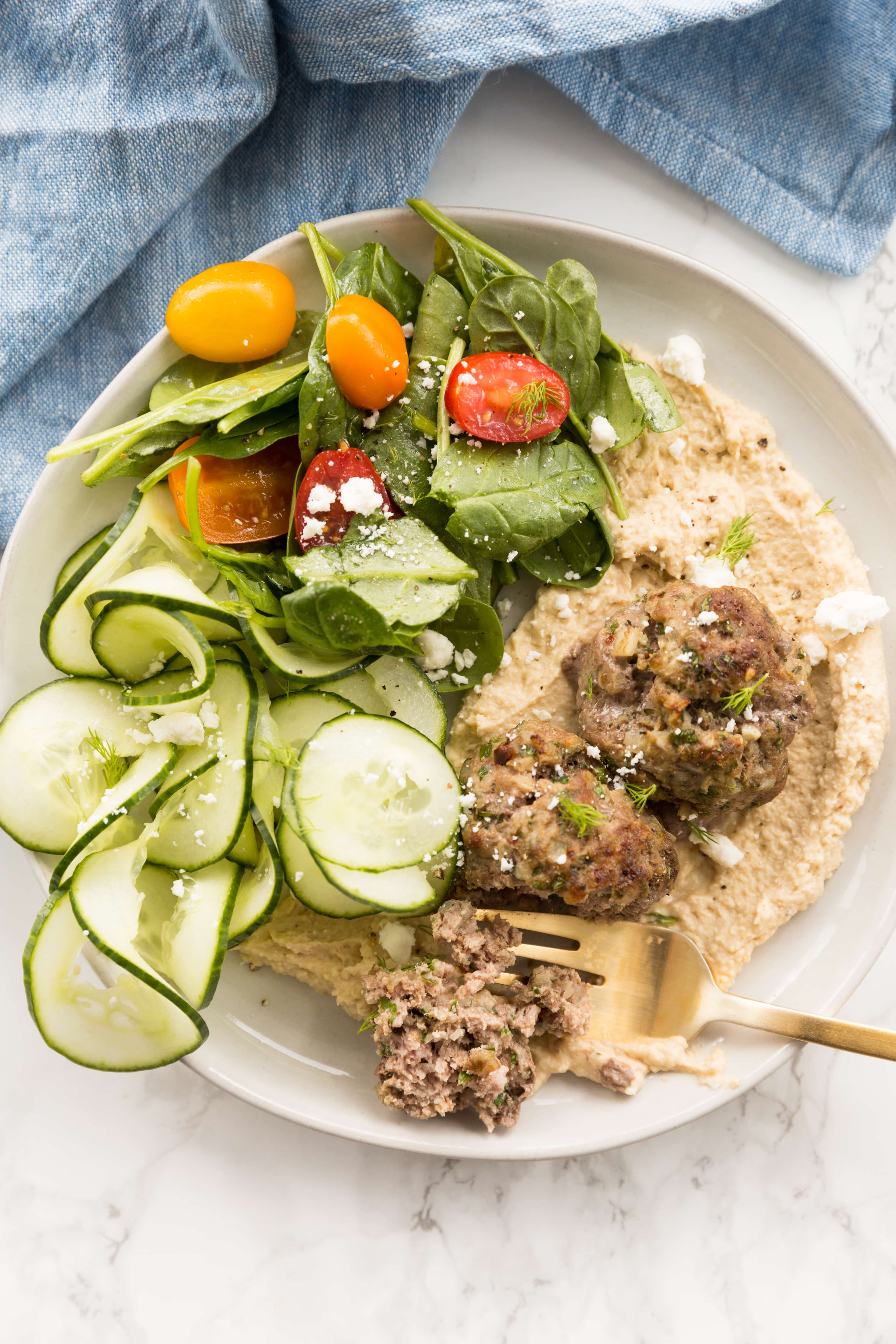 Mediterranean Lamb Meatballs with Hummus and Spiralized Cucumbers