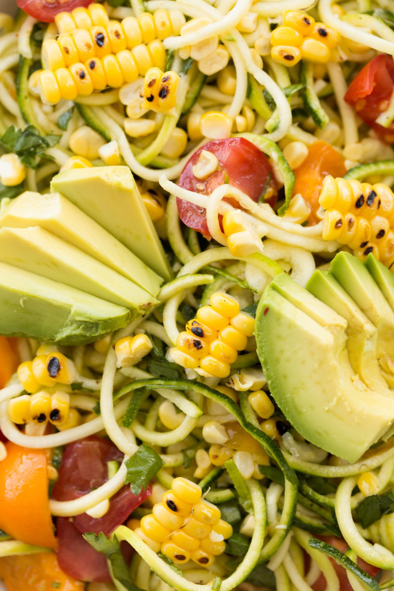 Grilled Corn and Zucchini Noodle Salad with Cilantro-Lime Dressing
