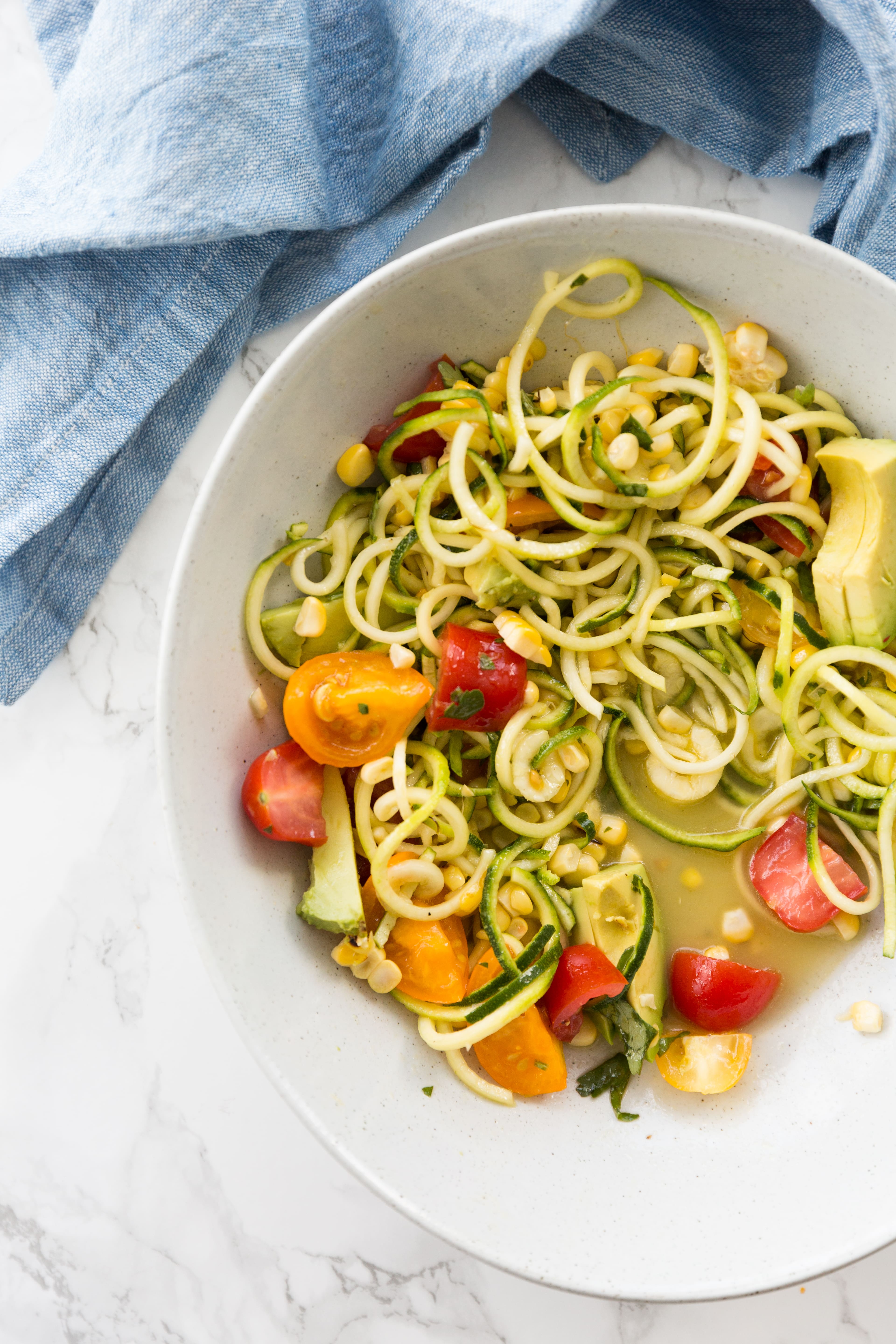 Grilled Corn and Zucchini Noodle Salad with Cilantro-Lime Dressing