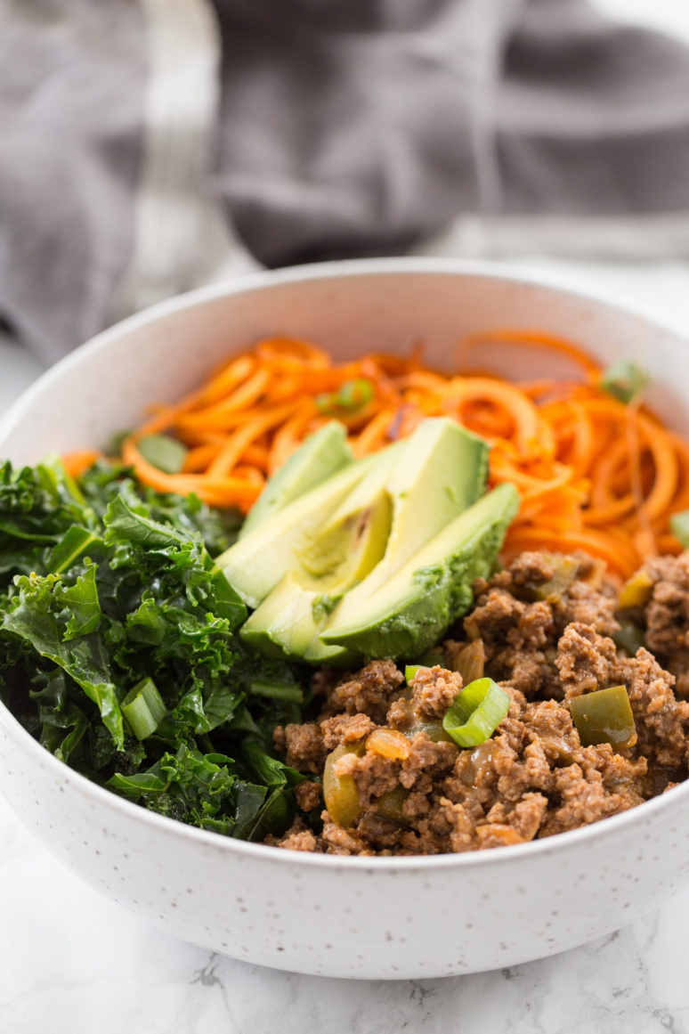 Cheesy Taco Beef and Kale Bowls with Spiralized Sweet Potatoes