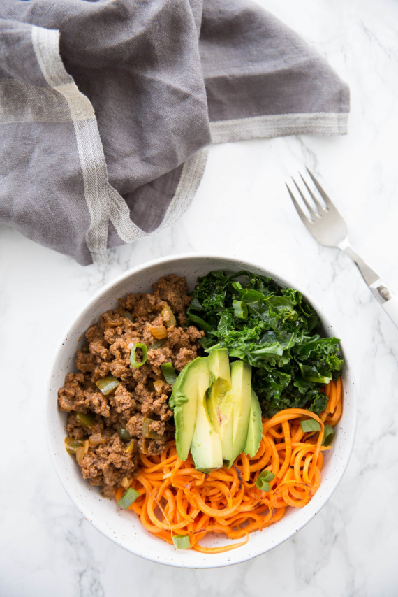 Cheesy Taco Beef and Kale Bowls with Spiralized Sweet Potatoes