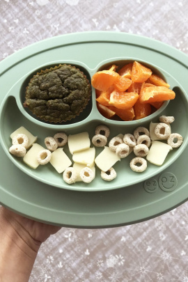 Easy toddler snack ideas on a divider plate.