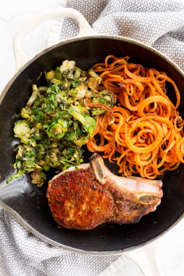 Crispy Pork Chops with Spiralized Sweet Potatoes and Charred Brussels Sprouts