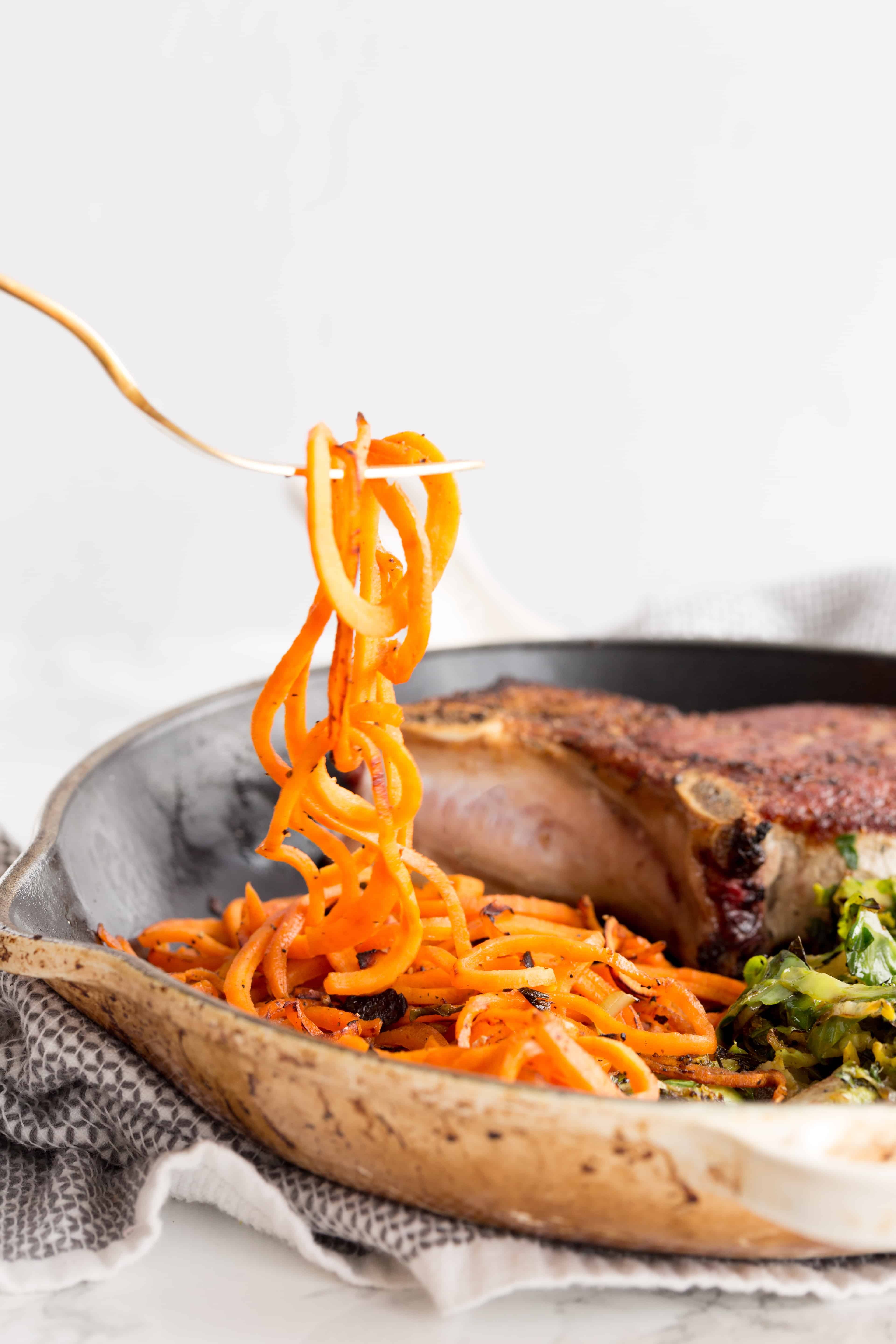 Easy Pork Chops with Spiralized Sweet Potatoes and Brussels Sprouts