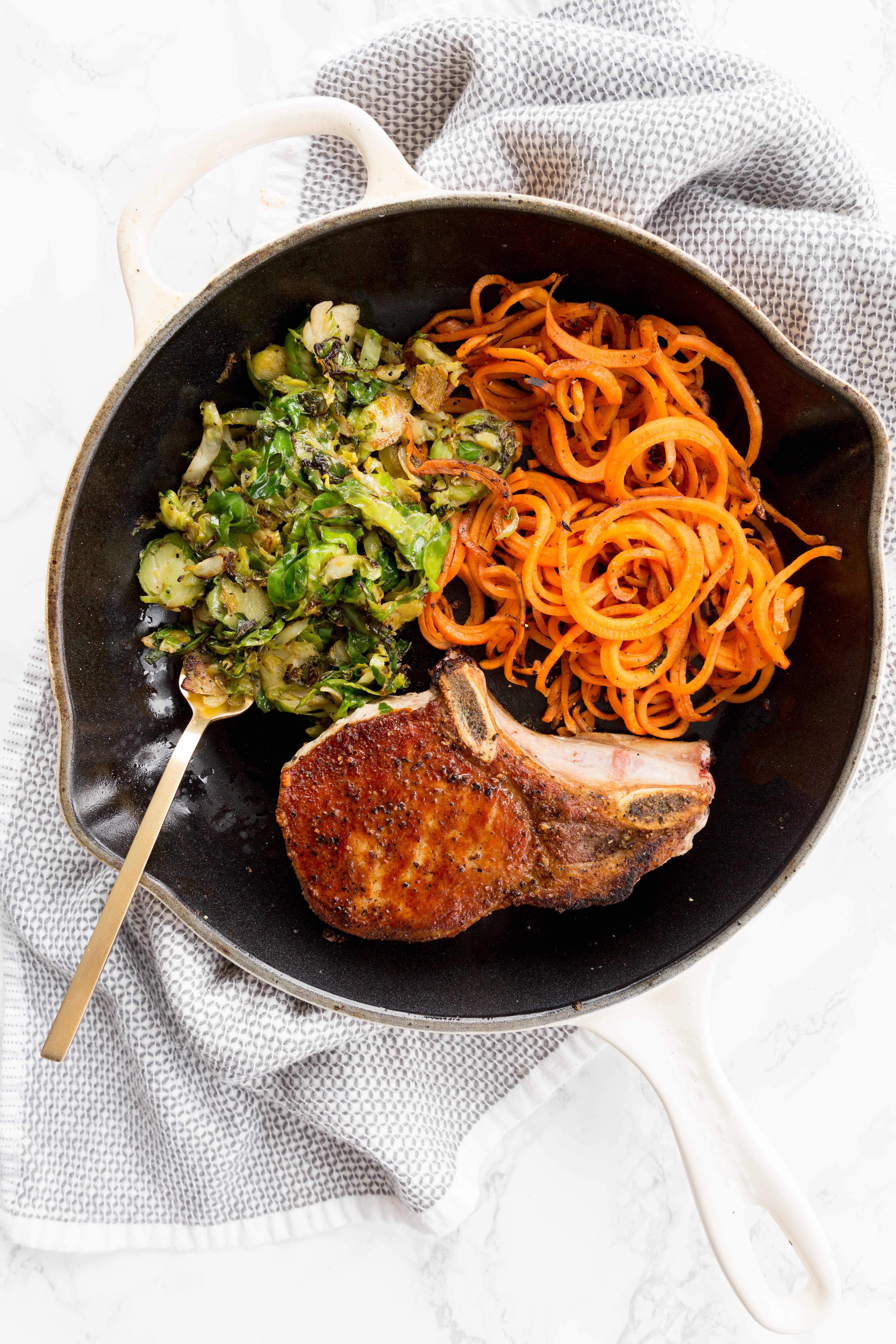 Easy Pork Chops with Spiralized Sweet Potatoes and Brussels Sprouts