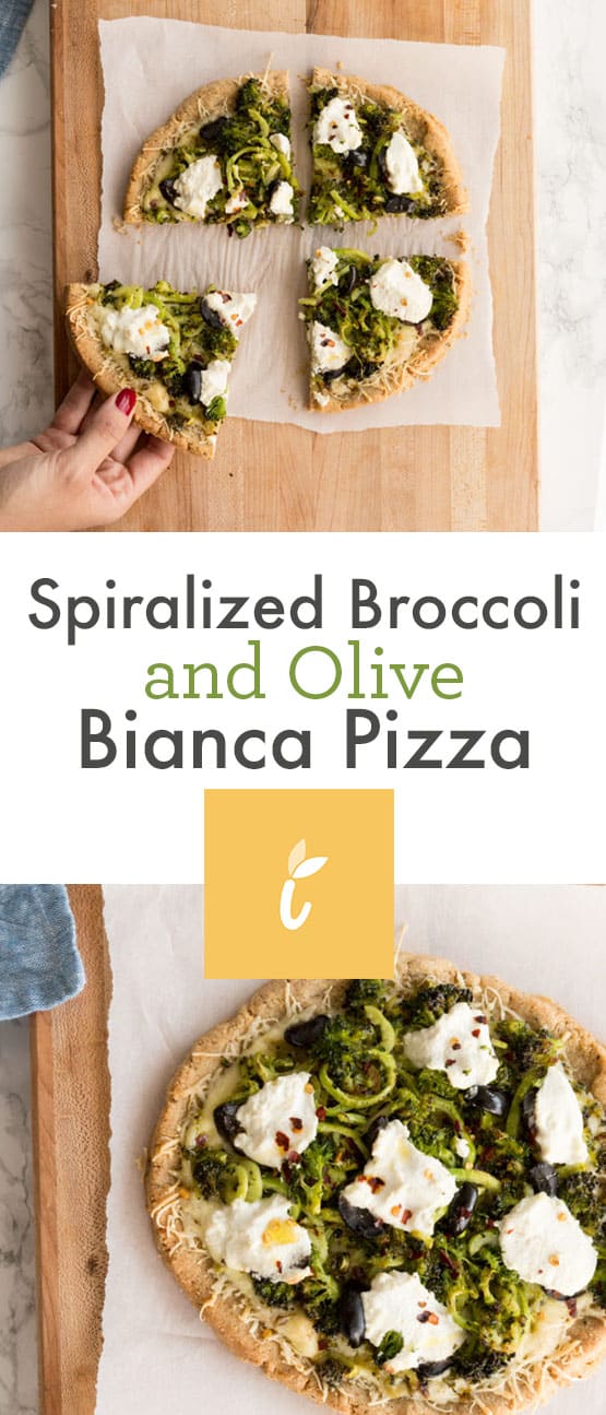Spiralized Broccoli and Olive Bianca Pizza