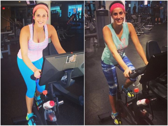 Ali Maffucci working out on the Peloton in her building gym.