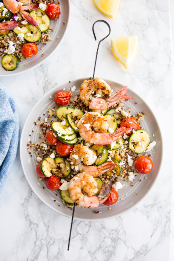 Grilled Shrimp Skewers with Quinoa, Zucchini and Tomatoes