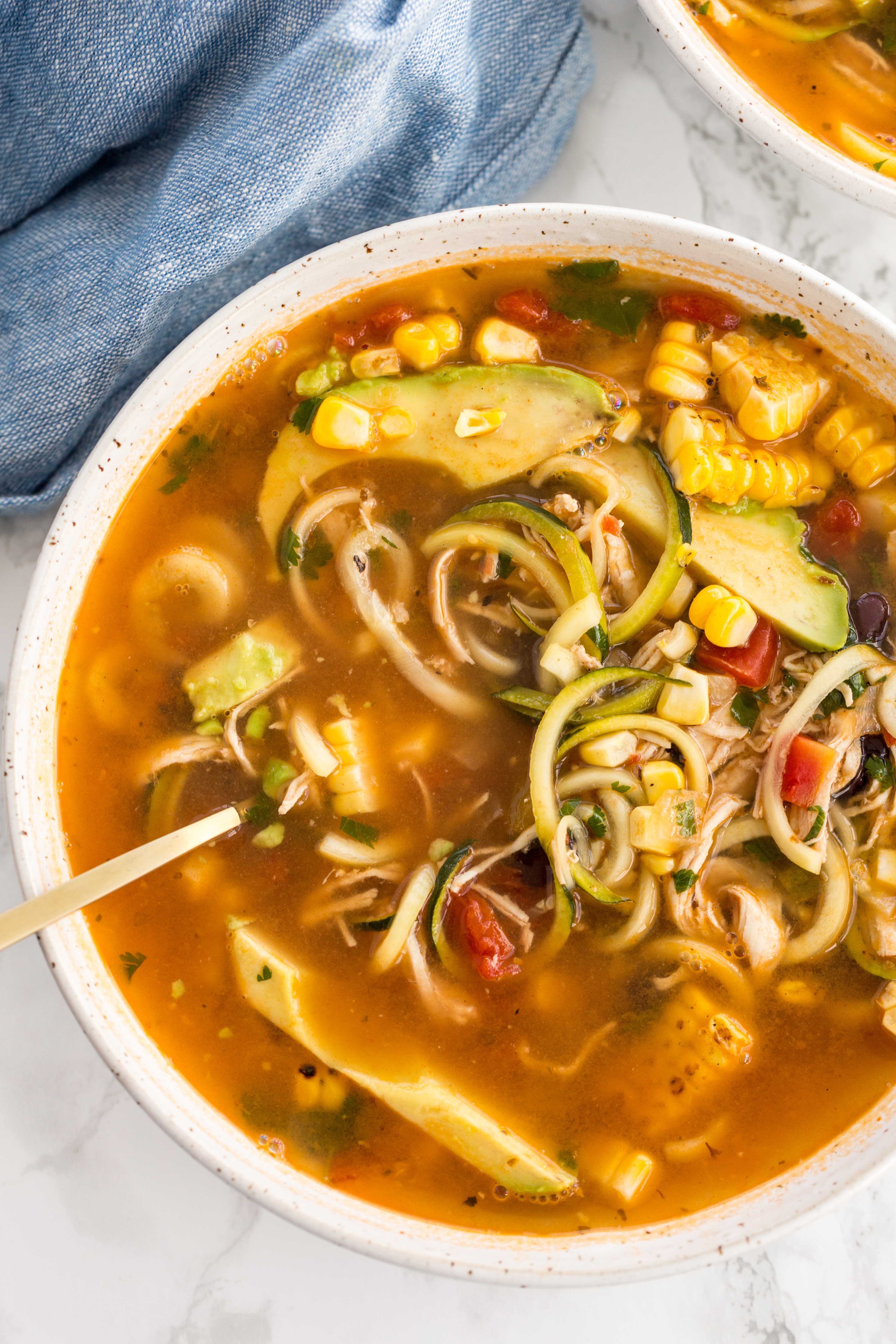 Summer Chicken and Corn Tortilla Soup with Zoodles