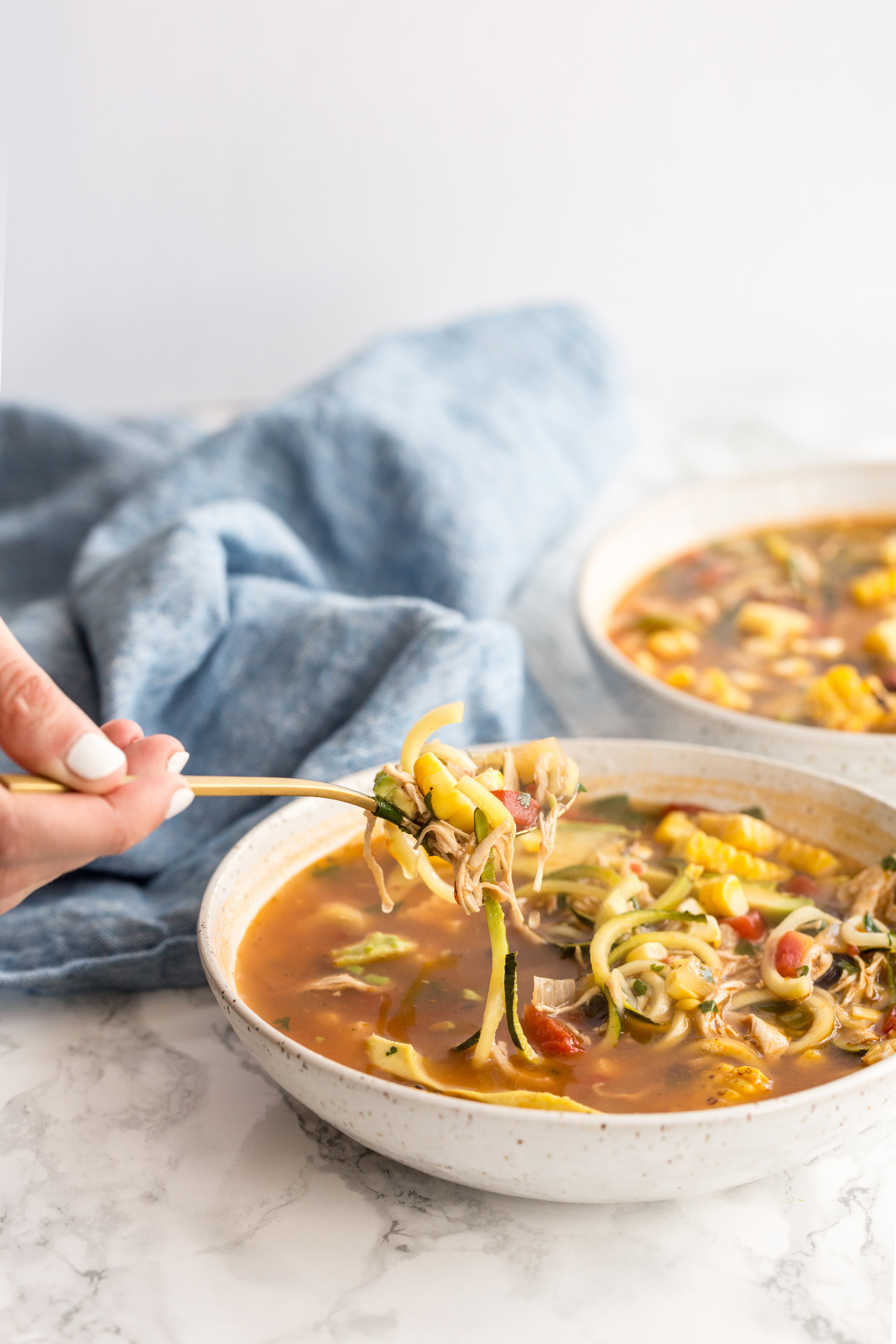 Summer Chicken and Corn Tortilla Soup with Zoodles