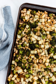 Roasted Garlic Potatoes and Broccoli with Crispy White Beans