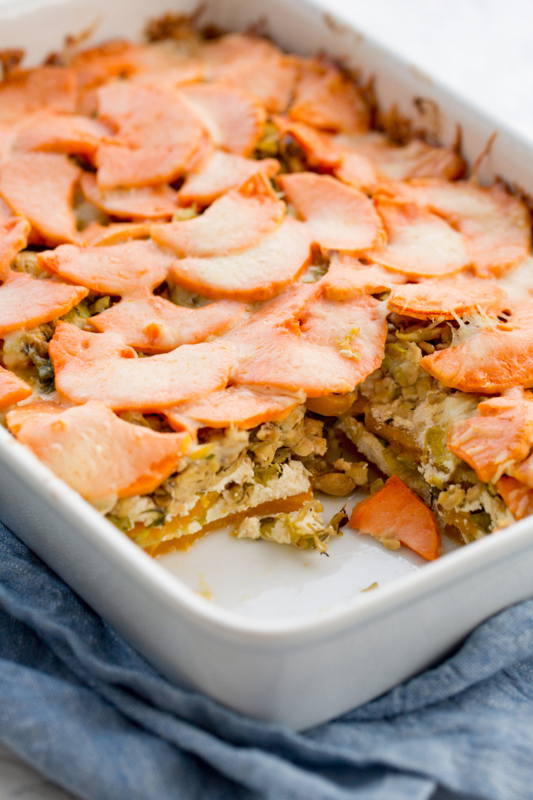 Vegetarian Butternut Squash and Brussels Sprouts Lasagna with Tempeh