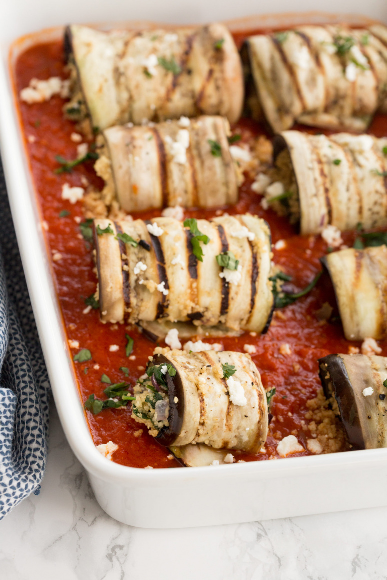 Mediterranean Eggplant and Couscous Roll Ups with Feta
