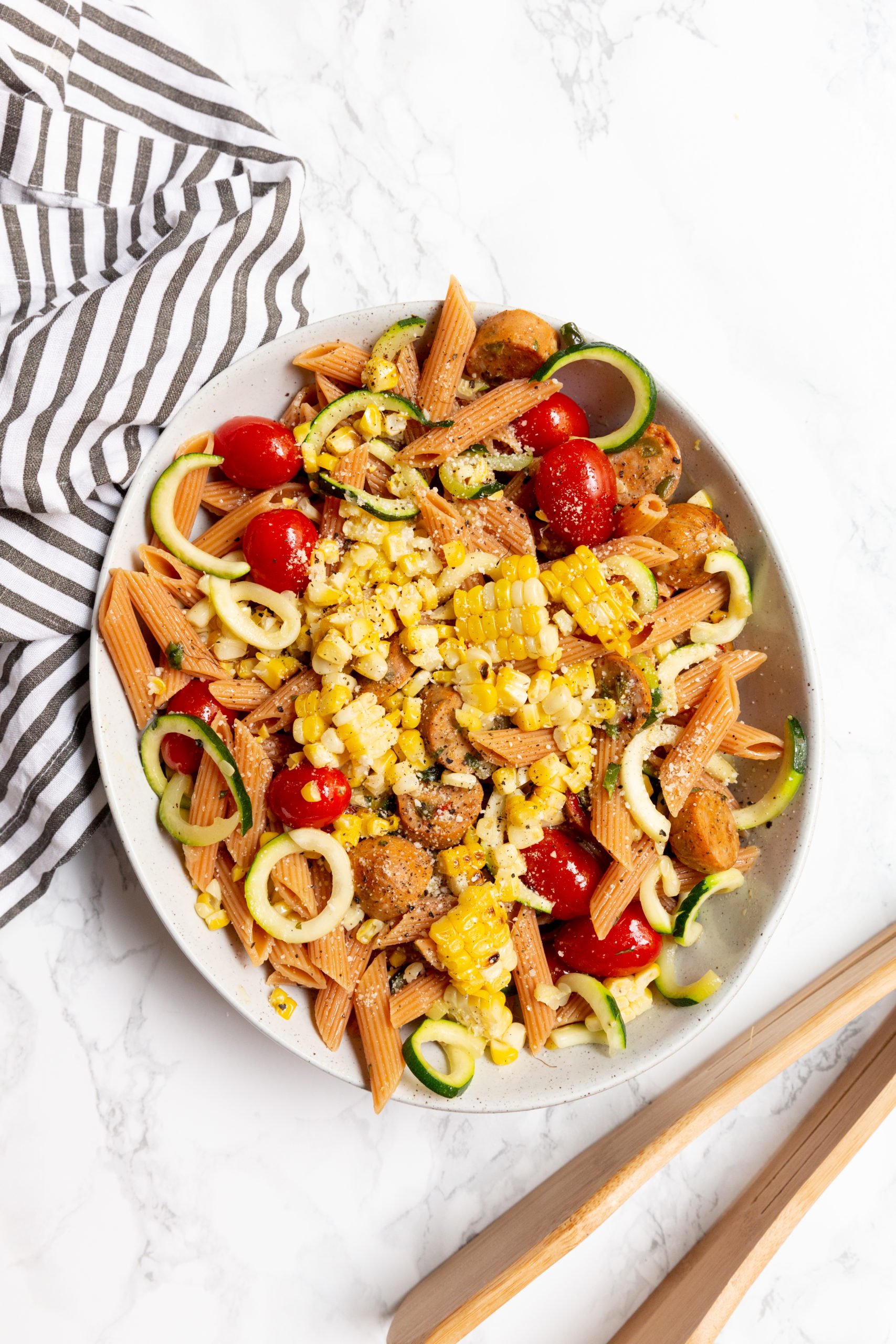 Zucchini and Grilled Corn Pasta with Chicken Sausage and Garlic-Basil Dressing