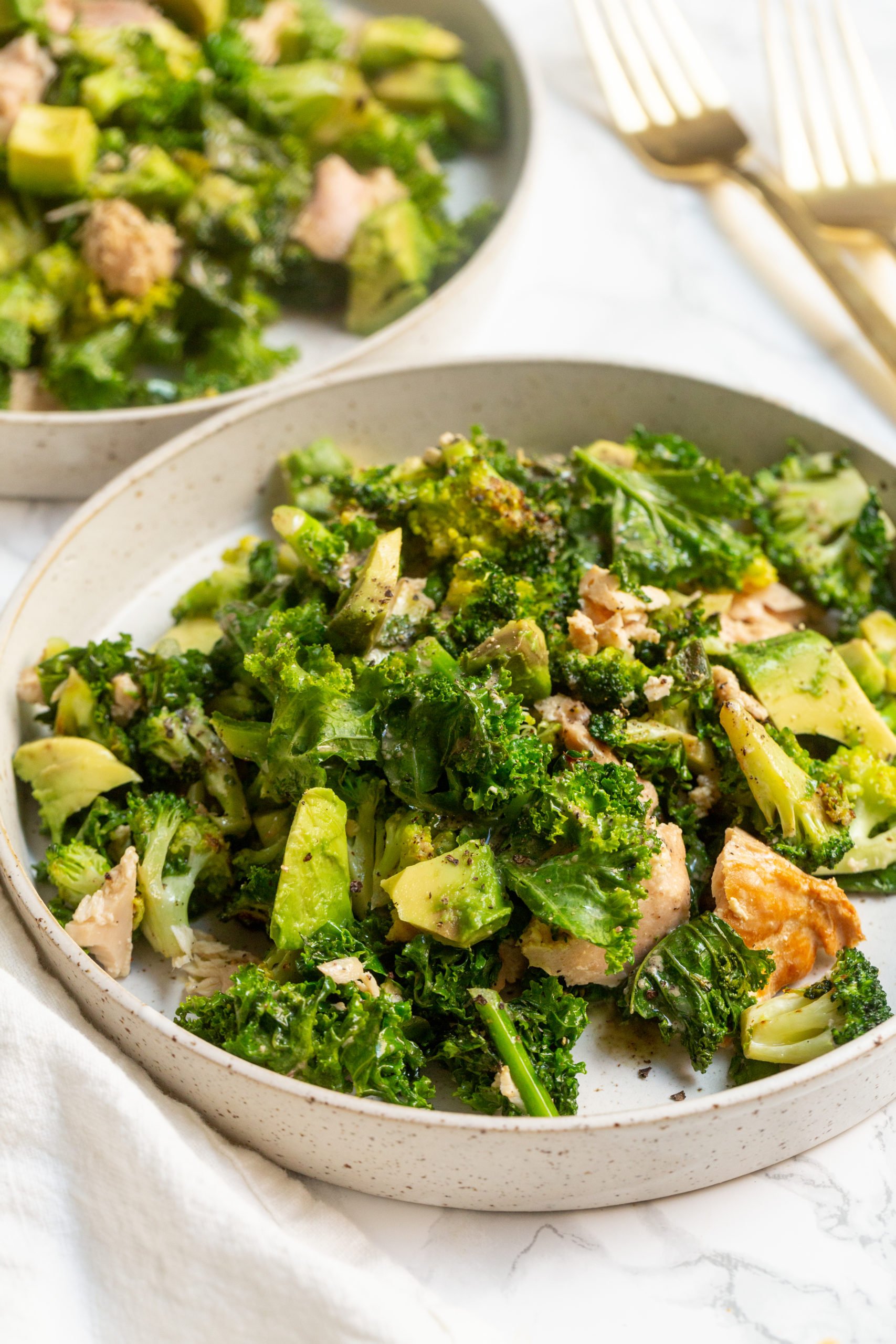 Broccoli and Kale Caesar Salad with Tuna