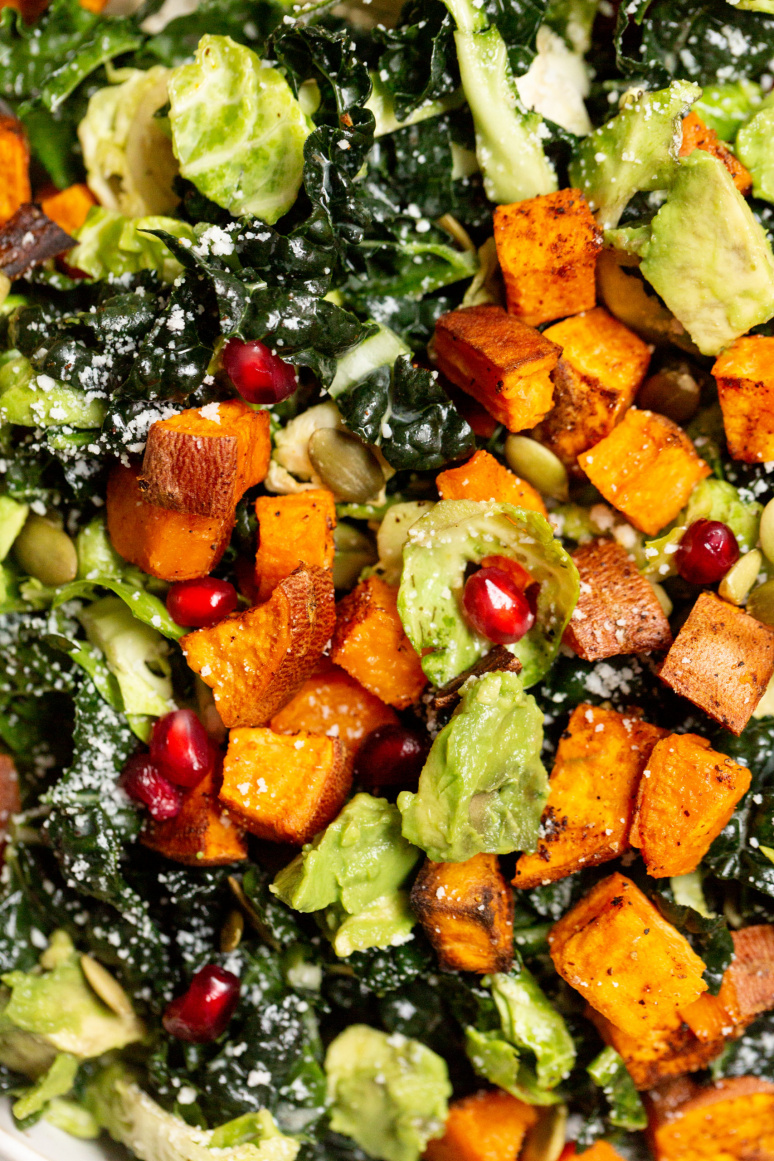 Kale, Brussels Sprouts and Roasted Chili Sweet Potato Salad