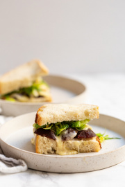 Gruyere and Beet Sourdough Sandwiches with Apple and Brussels Sprouts Slaw
