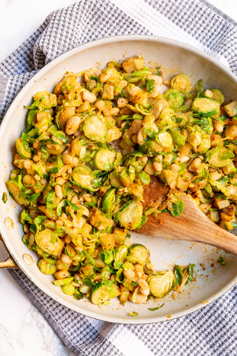 Smoky White Bean, Brussels Sprouts, and Potato Hash