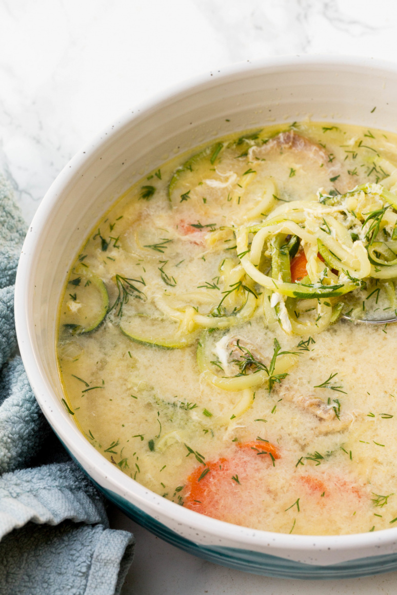 Greek Chicken Zoodle Soup with Dill