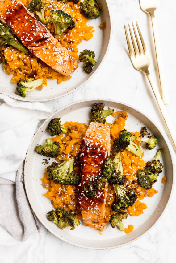 Teriyaki Salmon with Sesame Butternut Squash Rice and Broccoli