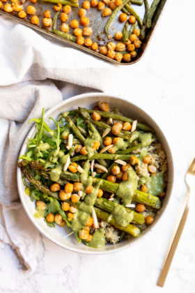 Roasted Spring Vegetable and Chickpea Quinoa Bowl