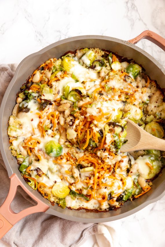 Air Fryer Brussels Sprouts, White Bean and Sweet Potato Noodle Skillet
