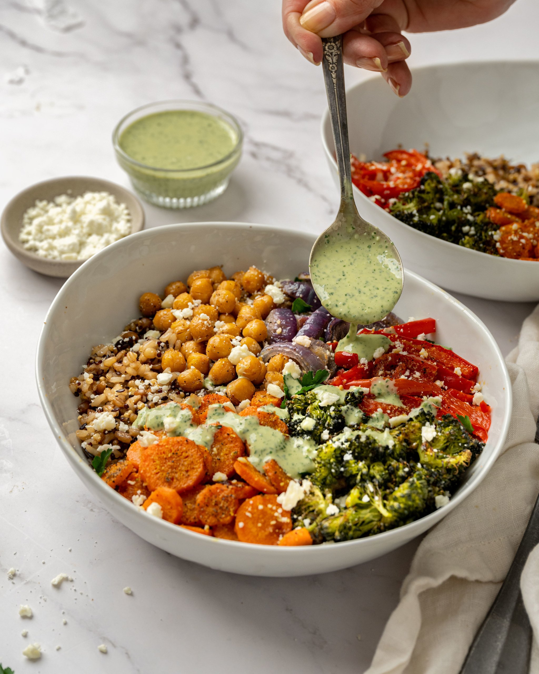Roasted Vegetable Rice Bowl with Herbed Tahini Sauce and Crispy Chickpeas