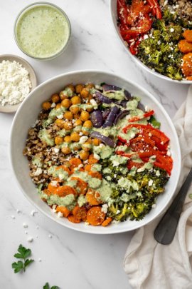 Roasted Vegetable Rice Bowl with Herbed Tahini Sauce and Crispy Chickpeas