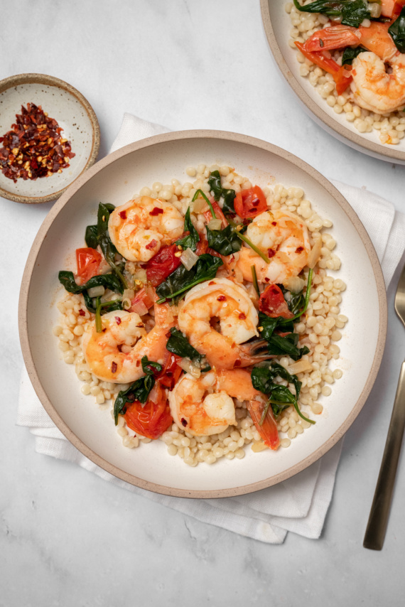 Shrimp, Spinach and Tomatoes in Lemon Garlic Cream Sauce with Couscous